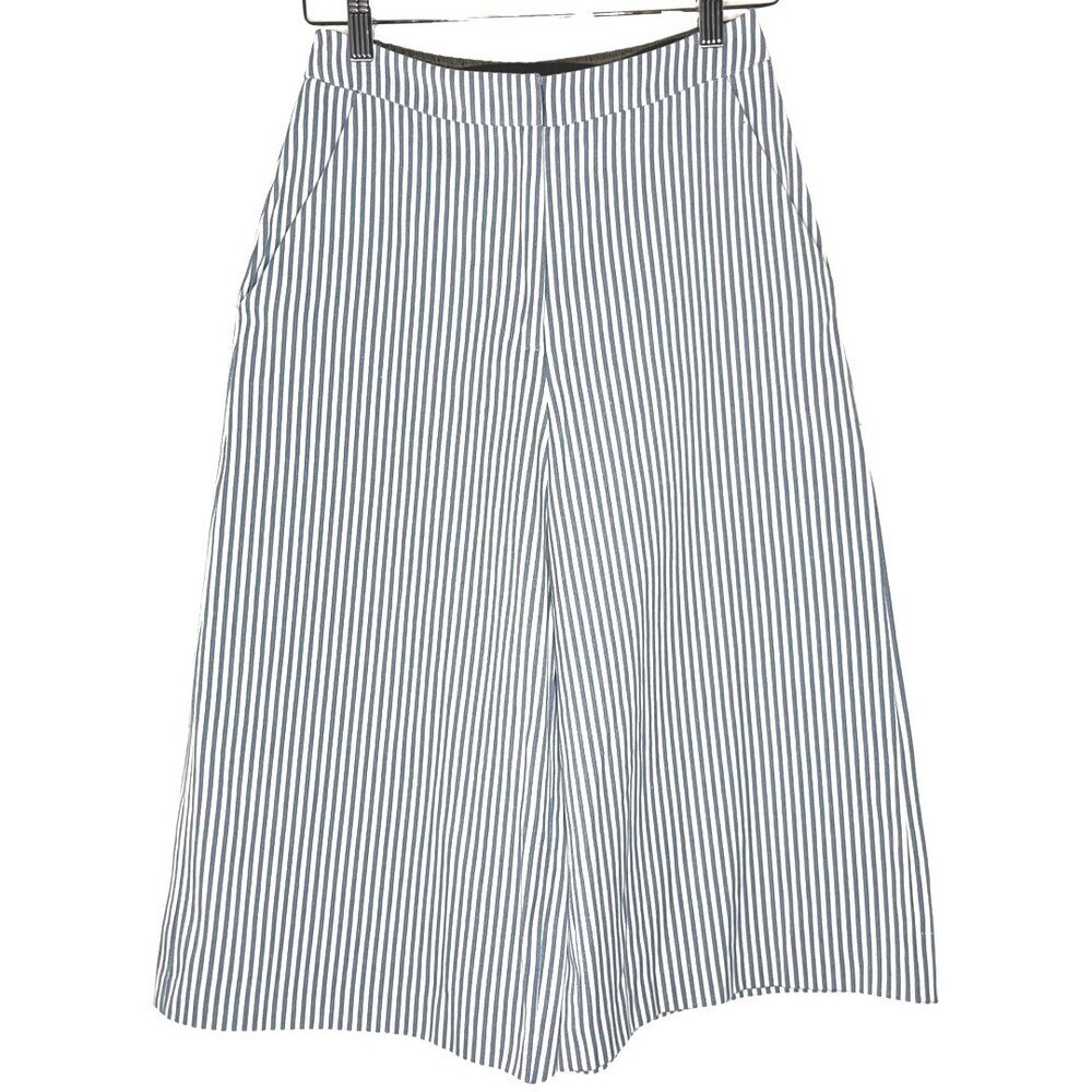 Silvian Heach Women Pants 38 2 Blue Cotton Seersucker Striped Wide Leg Crop High